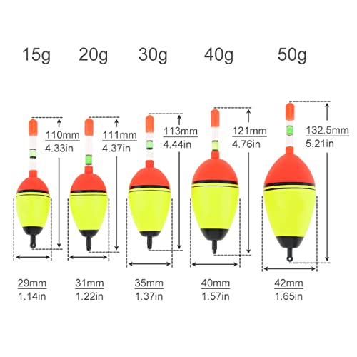 OriGlam 5pcs EVA Foam Floats Fishing Bobbers, Fishing Floats Fishing Bobbers, Bobbers Fishing Floats Set 15g 20g 30g 40g 50g for Crappie Pike Perch Carp Bass - Image 3