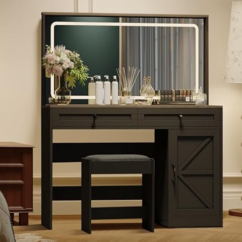 43.3" Vanity Desk with Drawers & Mirror with Lights,Lighting Modes Adjustable Brightness for Bedroom Studio, Dressing table with Drawers & Cabinet 3 Shelves Lots Storage for Stylish Bedroom (BLACK) Cover