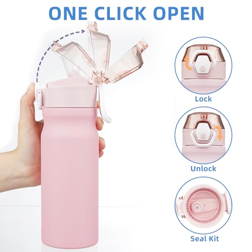 Image of BJPKPK 18 oz Water Bottle with Straw & Handle, Insulated Stainless Flask | Leak Proof Locking Lid, Thermal, Double Wall Vacuum, Keeps Hot /Cold, BPA Free, Dishwasher Safe, Travel & Sports, Light Pink