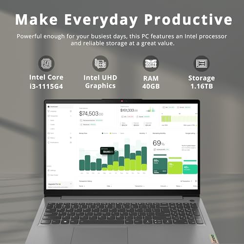 Image of Lenovo Ideapad 3 15.6 inch FHD IPS Anti-Glare Touch Laptop, Intel Core i3-1115G4, 40GB DDR4, 1.16TB Storage (1TB SSD+160GB Docking Station Set), 720p HD Camera with Privacy Shutter, WiFi 6, Win 11, Grey