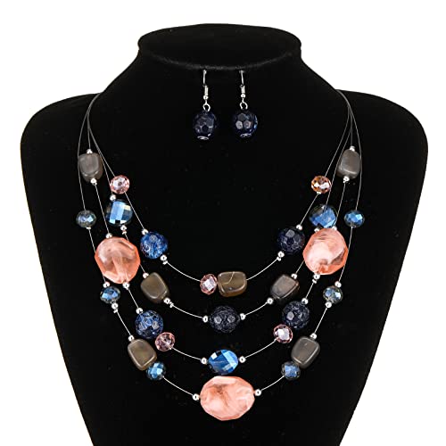 Layered Chunky Beaded Necklace For Women Colorful Multi-Layer Statement Necklace And Earrings Set Gift For Her(Blue Pink Colorful) #TOP3