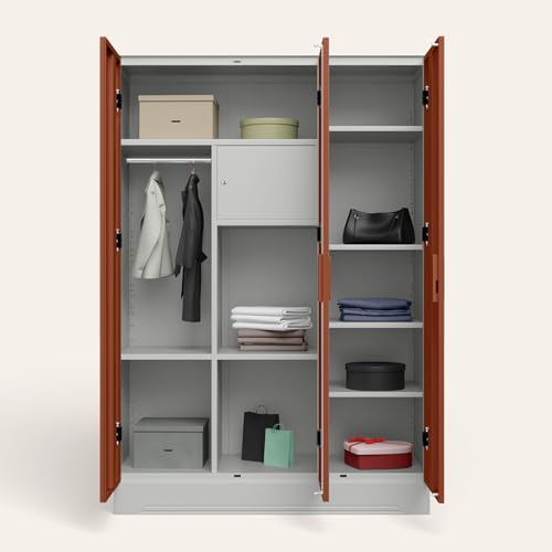 Image of Interio by Godrej Slimline 3-Door Steel Almirah with Star Mirror (Baked Clay), 1-Year Warranty, 1 Locker
