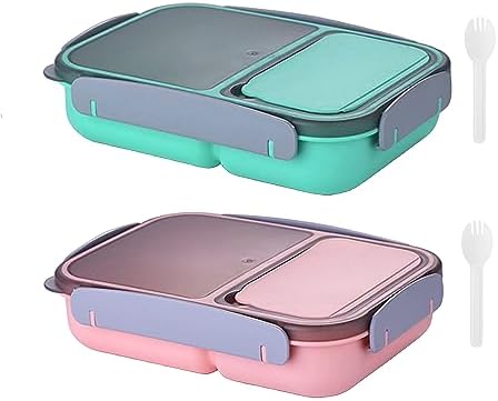 2 Pack, Pair – Lunch Box Set, Bento Box, Food Container for Adults, Kids, Baby for School, Work, Daycare. Lunch Boxes wirh 2 Compartments, Leak Proof, Spoon. (Green/Peach – 1200ML)