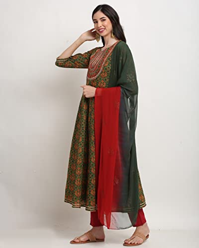Image of ROLYPOLY Women's Green And Red Coloured Pure Cambric Cotton Sequence Embroidered Kurta Set With Dupatta (ROLYVL213-P)