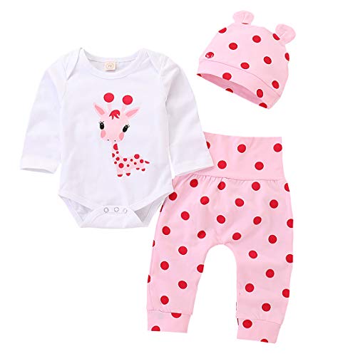 Image of Newborn Toddler Baby Girl Outfits Giraffe Bodysuit Top + Pink Legging Pants Set with Hat Infant Clothes