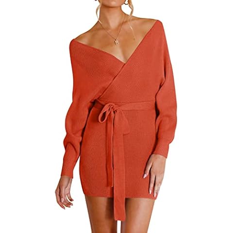 ZESICA Damen Lange Fledermausärmel Wickelkleid V Ausschnitt Gestrickt Rückenfrei Bodycon Pullover Pullover Kleid Cover
