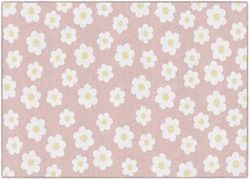 Image of Flagship Carpets Retro Daisies on Pink Educational Area Rug for Kids Room Seating Décor, Children's Classroom, Play Carpet for Teaching and Playroom, 5' x 7'6"