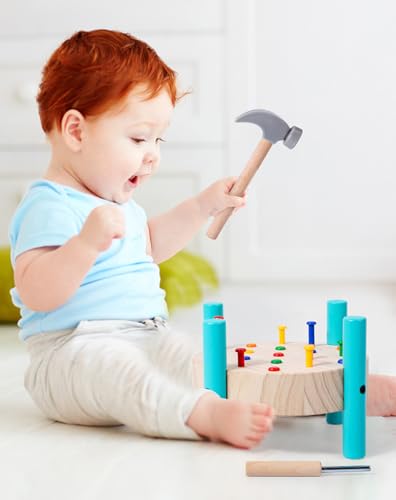 Image of Wooden Baby Workbench Pounding Hammer Toy for Toddlers,STEM Educational Preschool Learning Toys for Kids.