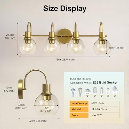 Image of 4-Light Gold Bathroom Vanity Light, 28 inch Modern Brushed Gold Wall Sconce with Clear Glass Shades, Bathroom Light Fixtures Over Mirror Lighting for Bedroom, Hallway,Easy Installation