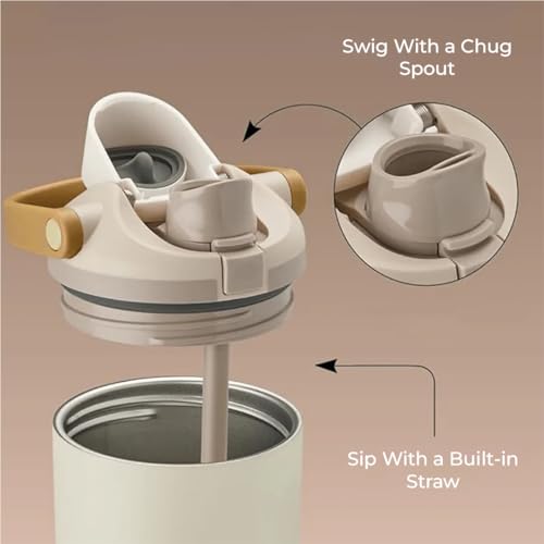 Image of HomeEssentials 1200ml Stainless Steel Insulated Water Bottle with Straw & Secure Lock Lid, Leakproof Double Wall Vacuum Flask for Hot & Cold Drinks, Sports & Travel Bottle (Biege)