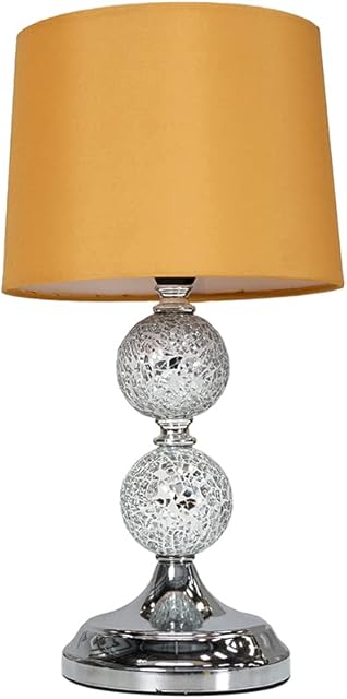 MiniSun Modern Decorative Chrome & Mosaic Crackle Glass Table Lamp with a Mustard Shade - Complete with a 4w LED Bulb [3000K Warm White]