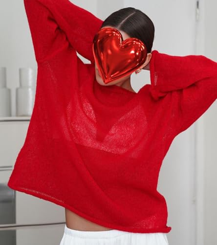 Image of Sweters for Women, Womens Sweater, O-Neck Solid Color See Through Pullover Jumper Shirt Beach