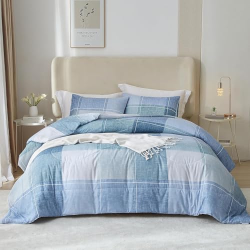 Image of LifeTB Blue Checkered Comforter King Comforter Set Geometric Checkered Plaid Bedding Comforter for Men Boys Fluffy Soft Lightweight Bedding Boho Plaid Comforter Set for All Seasons King Size