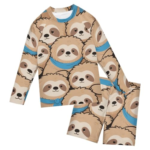 Traje de baño de manga larga para niños evita quemaduras solares con diseño perezoso beige