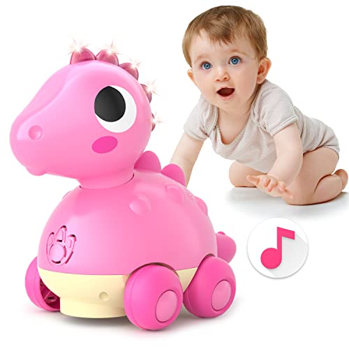Miukids Baby Girls Toys 18 Months Touch & Go Crawling Dinosaur with Light Up and Music for 18 Months Old Infant and Toddler - Pink