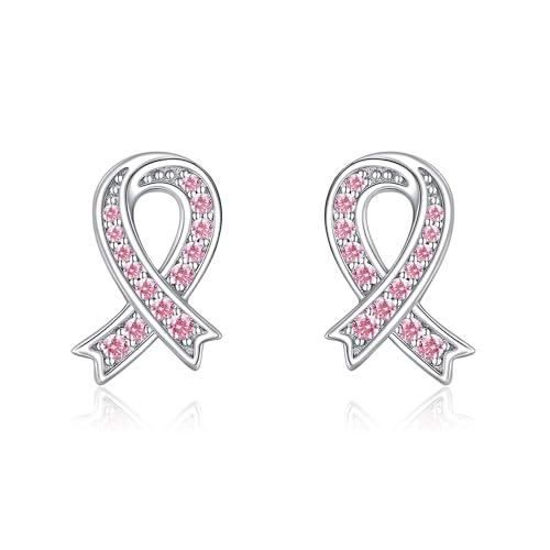 Breast Cancer Awareness Earrings Stud 925 Sterling Silver Pink Ribbon Breast Cancer Jewelry for Women