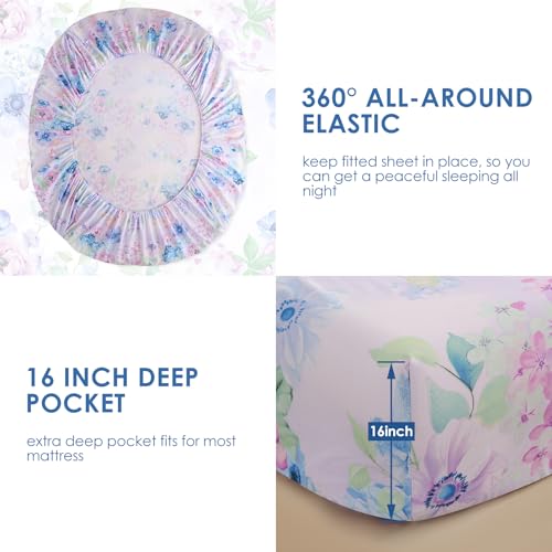 Image of JSD Purple Hydrangea Floral Sheet Set Cal King, 4 Piece Printed Microfiber Bed Sheets Deep Pocket