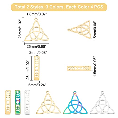 DICOSMETIC 24Pcs 2 Styles 3 Colors Trinity Knot Charm Irish Celts Jewelry Triangle Triquetra Pendant Moon Phase Bar Pendant Rectangle Crescent Moon Charm for DIY Craft Jewelry Making Hole: 1.8/2mm - Image 2