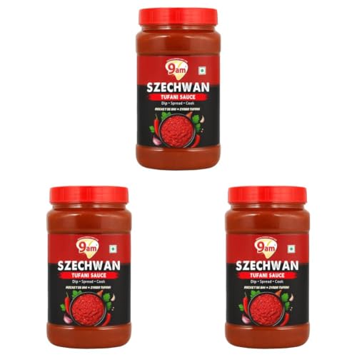 Image of 9AM Szechwan Tufani Sauce 950g, Extra Spicy Chinese Sauce, Multi-Purpose Dip & Spread for Noodles, Pasta, Fried Rice, Momos (Pack of 3)