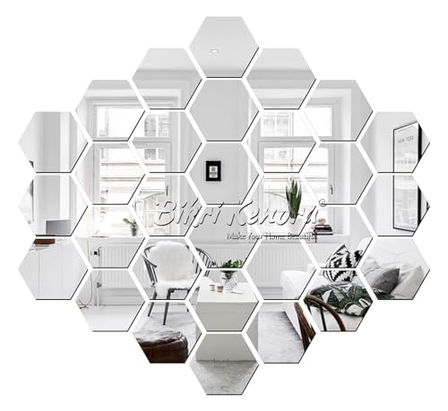 Image of Bikri Kendra - Hexagon 30 Silver Mirror Stickers for Wall Decor - Acrylic Mirror, Acrylic Hexagonal Stickers for Hall, Bed Room Kitchen