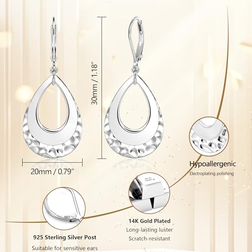 925 Sterling Silver Teardrop Dangle Earrings for Women Hammered Layer Drop Dangle Earrings Jewelry Hypoallergenic Boho Teardrop Leverback Dangle Earings for Jewelry Gifts4