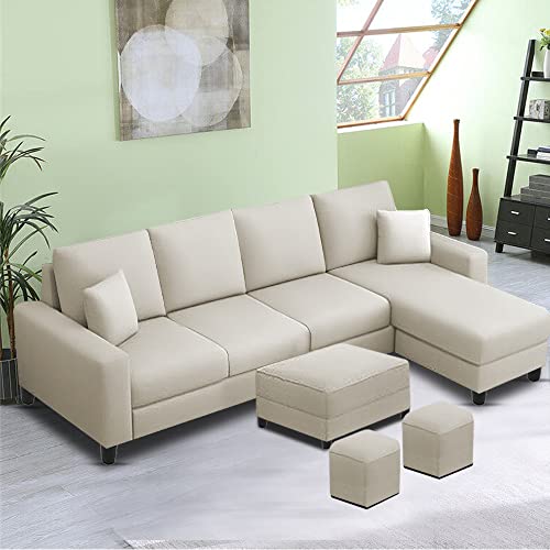 Image of Orland 8 Seater RHS L Shape Sofa with Center Table & 2 Puffy | Color - (Cream Fabric)