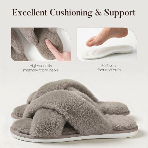 Image of Ankis Women's Fuzzy Slippers Cross Band Memory Foam Open Toe Comfy Soft House Shoes Anti-Slip Indoor Outdoor Gifts for Women