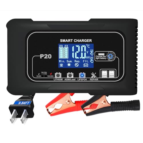 RCGCBC Battery Charger 0-20A 12V/24V Lithium Battery Charger for LIFePo4 Lead Acid AGM RV Marine Boat and Deep Cycle Batteries 9 Stage with Pulse Repair Smart Car Trickle Charger & Maintainer