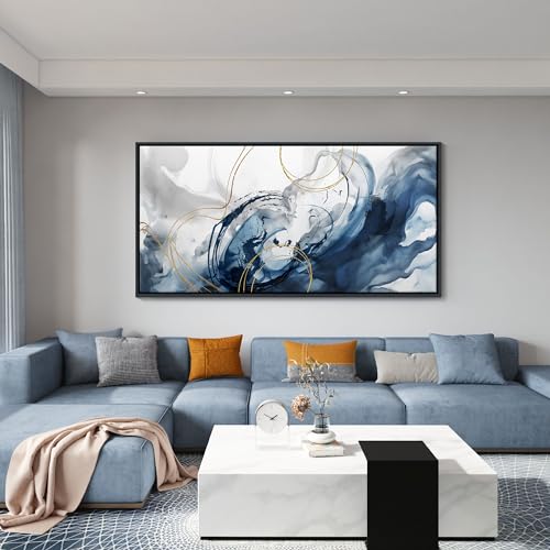 Image of Mofutinpo Large Framed Canvas Art Wall Art Blue Abstract Wall Decor Modern Home Decor Office Wall Decor Home Decorations for Living Room Minimalist Bedroom Artwork 29x58in