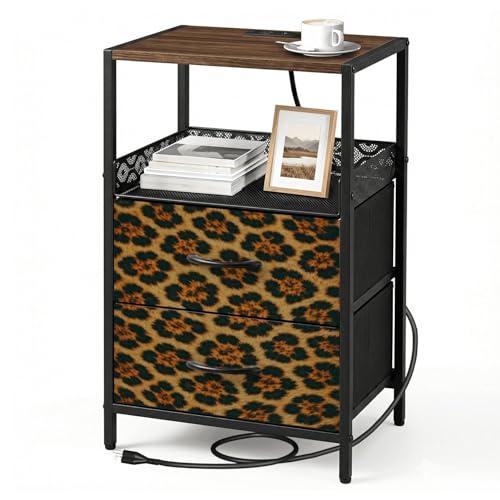 Night Stand with Charging Station Bedside Table with 2 Fabric
