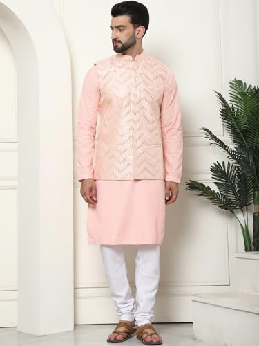 Image of SOJANYA (Since 1958 Men's Cotton Linen Maroon Kurta and White Pyjama with Mustard Cotton Nehru Jacket