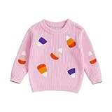 VISGOGO Toddler Girl Halloween Sweater Spooky Mini Embroidery Ghost 6 12 18 Months 2T 3T 4T Chunky Knitwear Pullover (Pink-Candy, 6-12 Months)