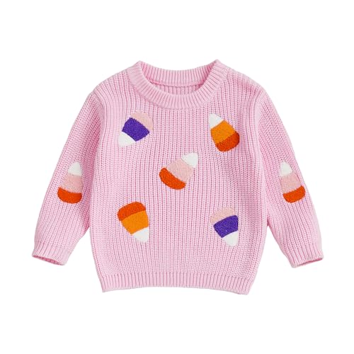 VISGOGO Toddler Girl Halloween Sweater Spooky Mini Embroidery Ghost 6 12 18 Months 2T 3T 4T Chunky Knitwear Pullover (Pink-Candy, 6-12 Months)