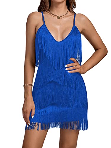 Image of Umenlele Women's Layered Fringe Deep V Neck Cami Mini Dress Sleeveless Tassels Flapper Dresses