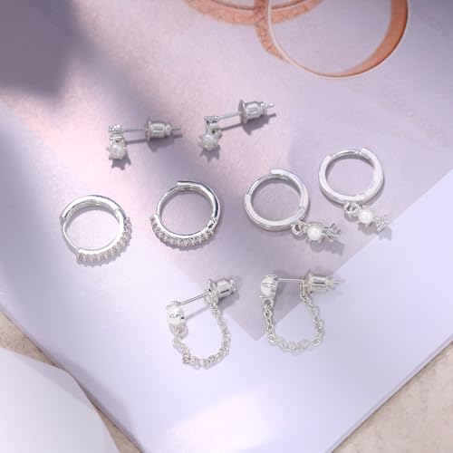 Image of Gold Plated Earrings for Women, 14k Gold Plated Earring Stack Hypoallergenic Pearl Drop Earring Dainty Earrings for Women Trendy Cute Small Huggie Hoop Earring Fashion Womens Jewelry
