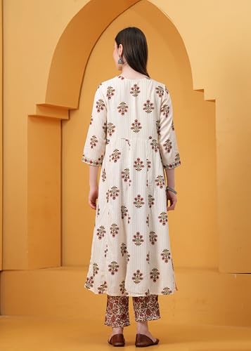 Image of Women's Indigo Blue Printed Anarkali Kurta with Palazzo Set, Long Sleeve V-Neck Ethnic Wear (IN, Alpha, S, Regular, Peach)