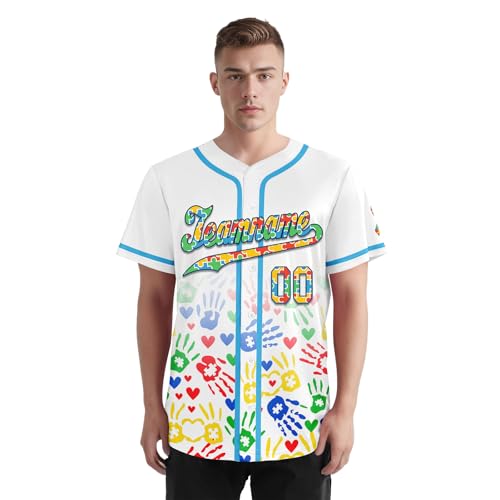 Camiseta de béisbol personalizada con conciencia sobre el autismo para adultos y jóvenes, diseño de piezas de rompecabezas, camisa de equipo de sóftbol con botones miniatura 2