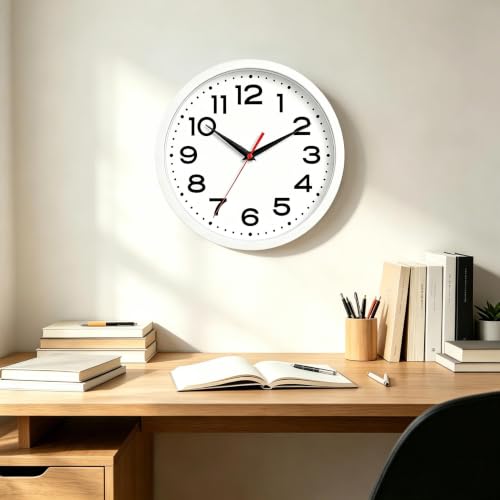 Image of Roymnie 10 Inch Wall Clock, Battery Operated Silent Non Ticking White | analog wall clock; bold numerals for easy reading; silent non-ticking; 1 AA battery (not included); for classroom