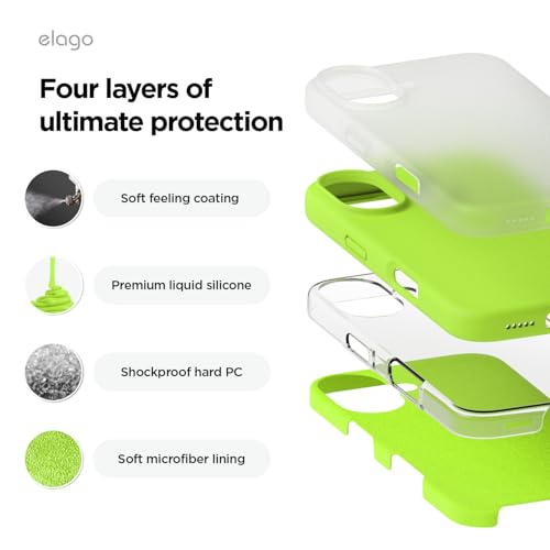 Image of elago Compatible with iPhone 16 Case, Premium Liquid Silicone Case, Full Body Protective Cover, Shockproof, Slim Phone Case, Anti-Scratch Soft Microfiber Lining, 6.1 inch (Lime Green)