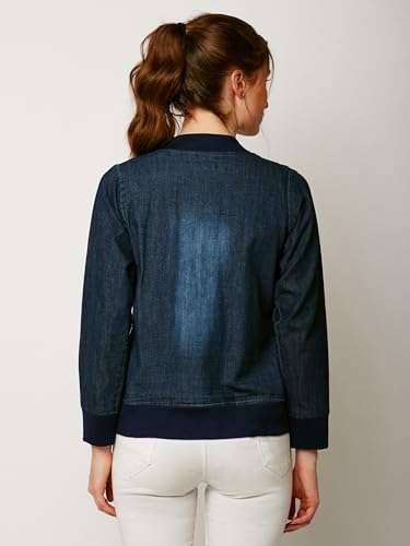 Image of Miss Chase Women's Polo Neck Full Sleeves Patch Pocket Denim Overcoat Knee-Length Jacket