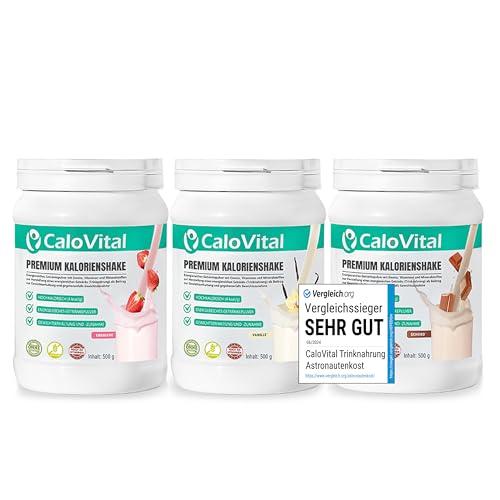 Vollwertiger Mahlzeitenersatz | Kalorien Shake zum zunehmen | mit vielen essentiellen Vitaminen & Mineralstoffen | CaloVital - Premium Qualität aus Deutschland (3er Set Vanille - Erdbeere - Schoko)