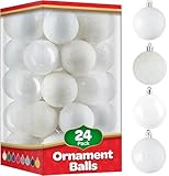Christmas Ornaments Set of 24 - Beautiful [White] Christmas Tree Decorations Ornaments Set - 4 Styles Glitter/Matte/Mirror/Shiny - Shatterproof/Pre-Strung - for Holiday/Party/Decorations/DIY (1.5')