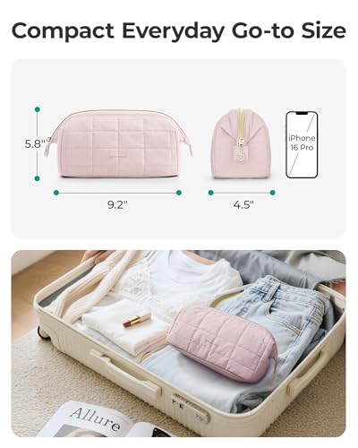 Image of BAGSMART Makeup Bag Travel Toiletry Bag, Puffy Padded Make Up Bags for Women Makeup Organizer Case, Wide-open Pouch Purse Travel Essentials Toiletries Accessories Brushes, Pink