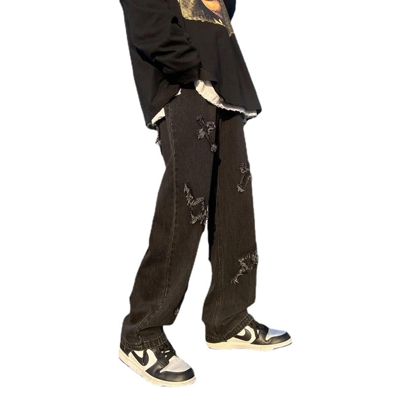 Cross Embroidery Brown Baggy Jeans Pants Men Women Y2K Clothes Hip Hop Denim Pants Y2k Harajuku Jeans