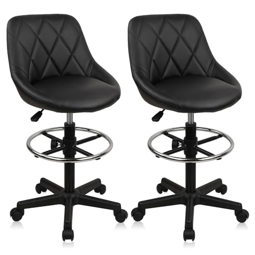 Image of KLASIKA Drafting Chair with Backrest and Wheels, Set of 2 Adjustable Footrest Height Rolling Stool, PU Leather Tall Swivel Chairs Work Shop Office Desk Stools for Home Work Shop Kitchen Bar