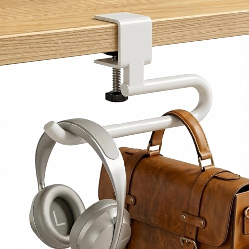 Qtyhod Desk Hook & Bag Hooks for Tables Anti-Slip 60LB Heavy Duty Clamp-On Backpack Hanger Extended Clearance Bag Holder for Desk for Office & Gaming Adjustable (0.19-1.57in) (White)