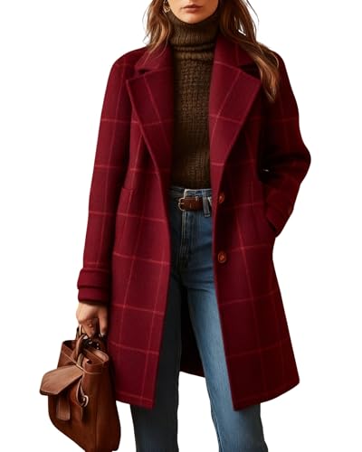 Image of CHARTOU Women Plaid Wool Pea Coat Vintage Winter Notched Lapel Single Breasted Midi Trench Overcoat Outwear Jacket(Small,Red)