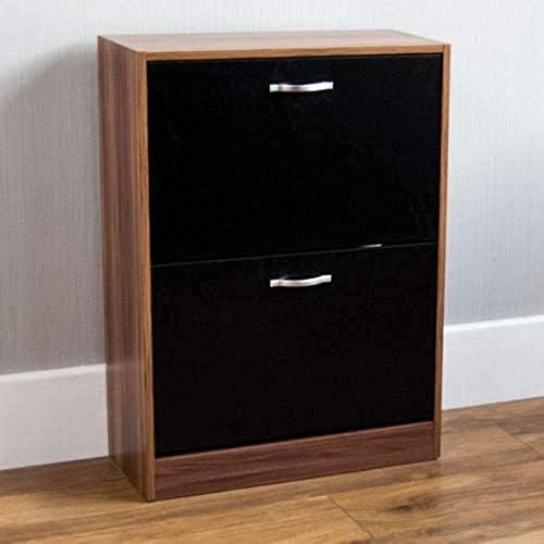 Vida Designs 2 Drawer Shoe Cabinet Cupboard Shoe Storage Organiser Pull Down Wooden Hallway Furniture Unit, Walnut and Black