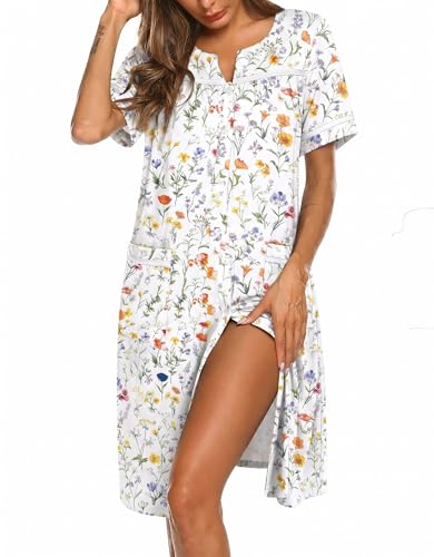 Image of Ekouaer Nightgowns for Women House Dress with Pockets Button Down Sleepshirt Short Sleeve Nightshirt Housecoat