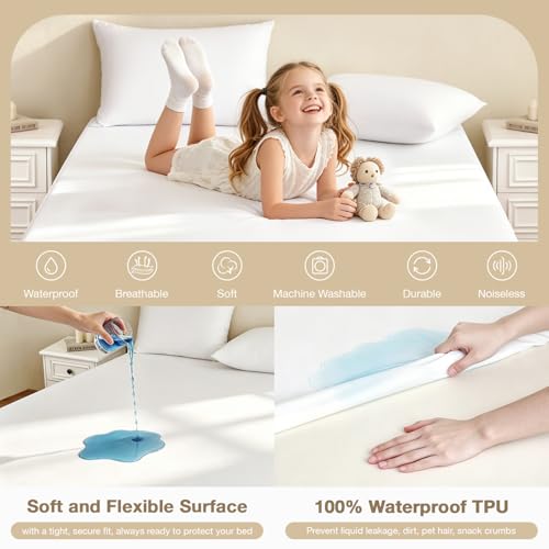 Image of King Size Mattress Protector Waterproof 2 Pack Washable Mattress Cover Breathable Fitted Bed Pad Noiseless Plastic Protection Up to 18 inch Mattress Protector Soft(White)